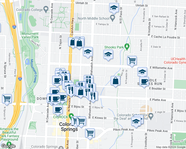 map of restaurants, bars, coffee shops, grocery stores, and more near in Colorado Springs