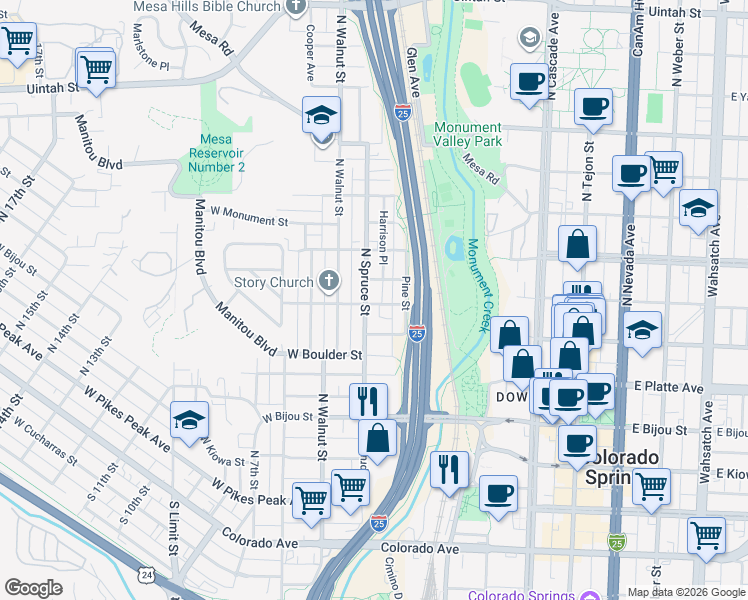map of restaurants, bars, coffee shops, grocery stores, and more near 501 North Spruce Street in Colorado Springs