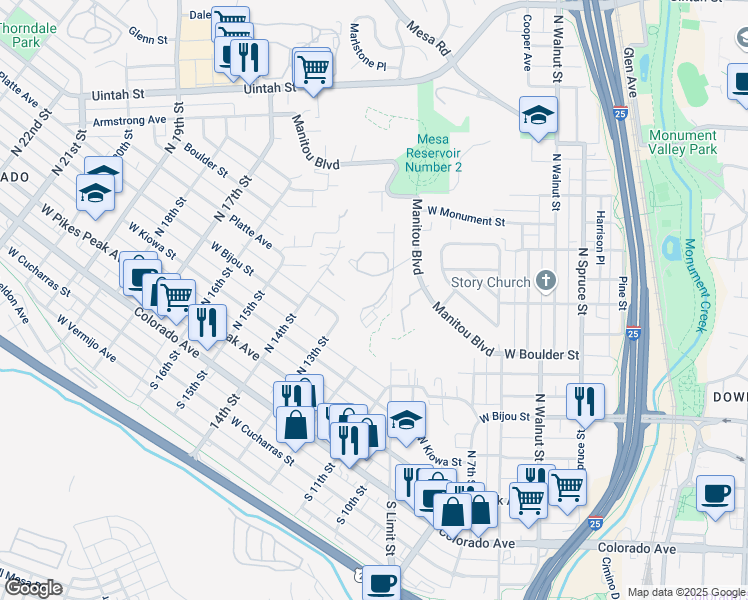 map of restaurants, bars, coffee shops, grocery stores, and more near 310 North Limit Street in Colorado Springs