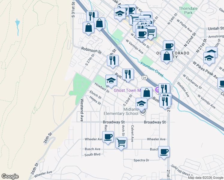 map of restaurants, bars, coffee shops, grocery stores, and more near 2503 Howbert Street in Colorado Springs