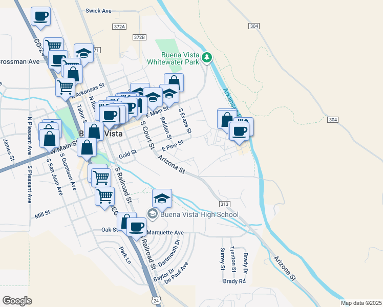 map of restaurants, bars, coffee shops, grocery stores, and more near 609 East Pine Street in Buena Vista