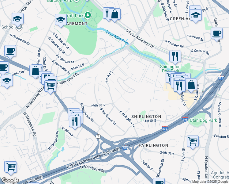 map of restaurants, bars, coffee shops, grocery stores, and more near 2873 South Abingdon Street in Arlington