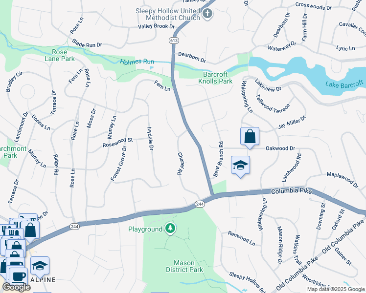 map of restaurants, bars, coffee shops, grocery stores, and more near 3803 Chanel Road in Annandale