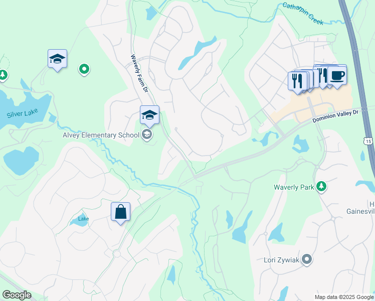 map of restaurants, bars, coffee shops, grocery stores, and more near 5437 Trevino Drive in Haymarket