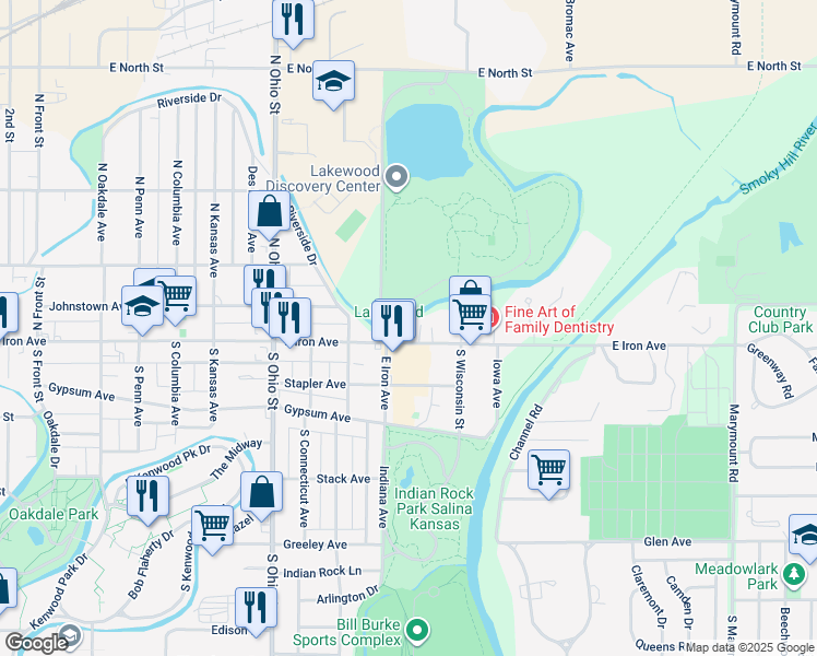 map of restaurants, bars, coffee shops, grocery stores, and more near 1499 East Iron Avenue in Salina