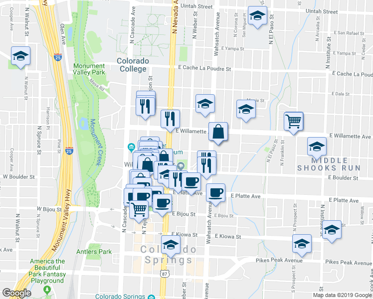 map of restaurants, bars, coffee shops, grocery stores, and more near 226 1/2 East Saint Vrain Street in Colorado Springs