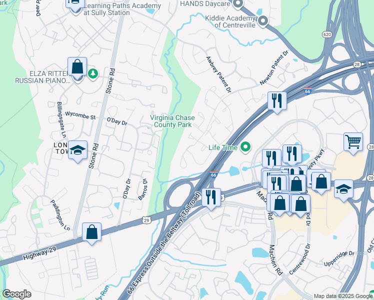 map of restaurants, bars, coffee shops, grocery stores, and more near 14411 Newton Patent Court in Centreville