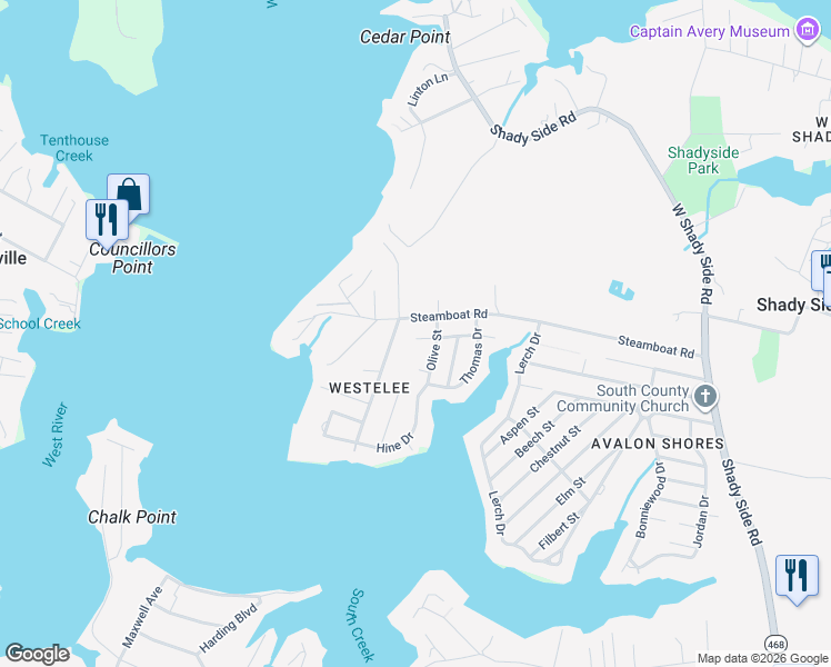 map of restaurants, bars, coffee shops, grocery stores, and more near 1208 Johnson Drive in Shady Side