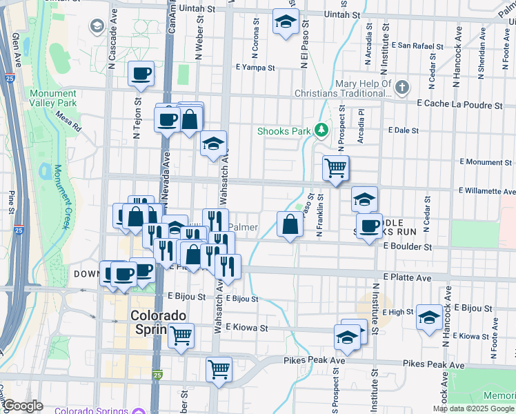 map of restaurants, bars, coffee shops, grocery stores, and more near 506 North Royer Street in Colorado Springs