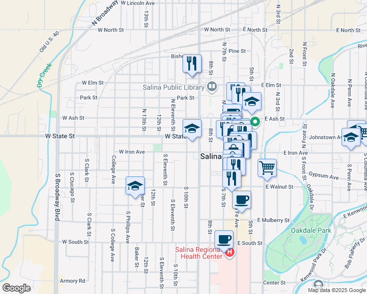 map of restaurants, bars, coffee shops, grocery stores, and more near 500 West Iron Avenue in Salina
