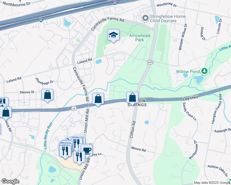 map of restaurants, bars, coffee shops, grocery stores, and more near 5501 Bent Maple Lane in Centreville
