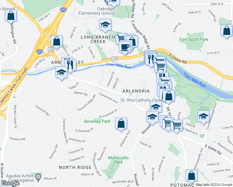map of restaurants, bars, coffee shops, grocery stores, and more near 720 West Glebe Road in Alexandria