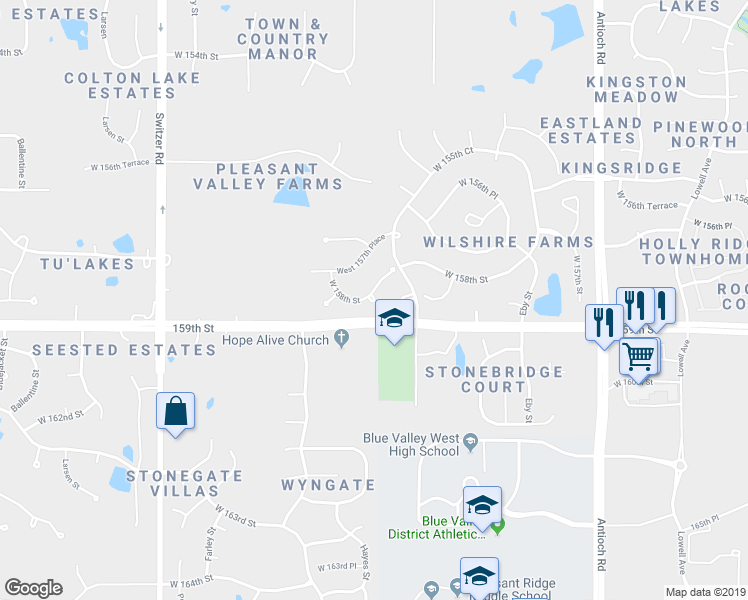 map of restaurants, bars, coffee shops, grocery stores, and more near 9420 West 158th Street in Overland Park