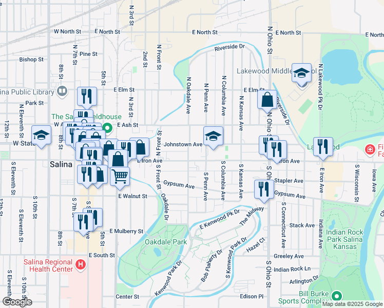 map of restaurants, bars, coffee shops, grocery stores, and more near 106 North Oakdale Avenue in Salina