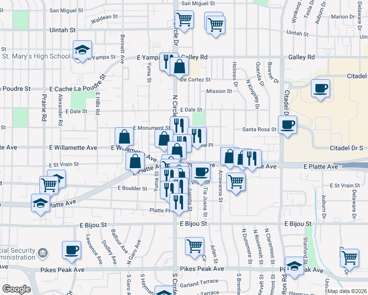map of restaurants, bars, coffee shops, grocery stores, and more near 620 Juanita Street in Colorado Springs
