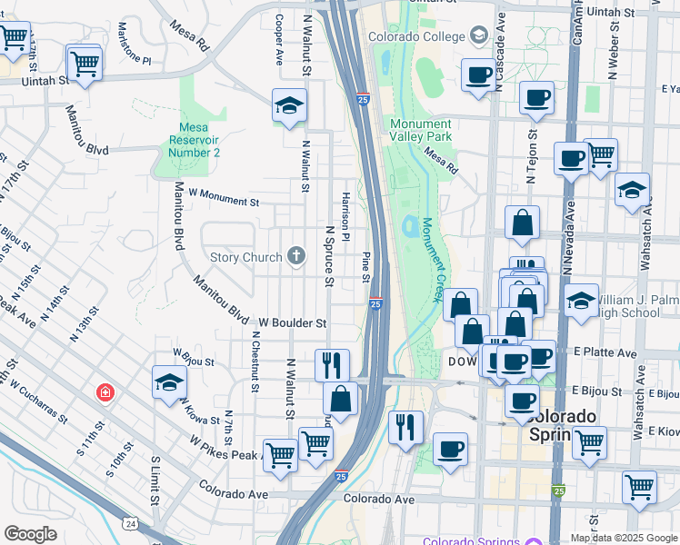 map of restaurants, bars, coffee shops, grocery stores, and more near 501 North Spruce Street in Colorado Springs