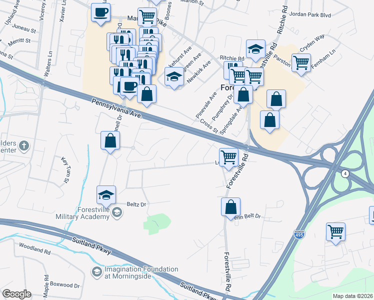 map of restaurants, bars, coffee shops, grocery stores, and more near 3517 Pumphrey Drive in District Heights