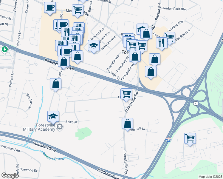 map of restaurants, bars, coffee shops, grocery stores, and more near 3511 Springdale Ave in District Heights
