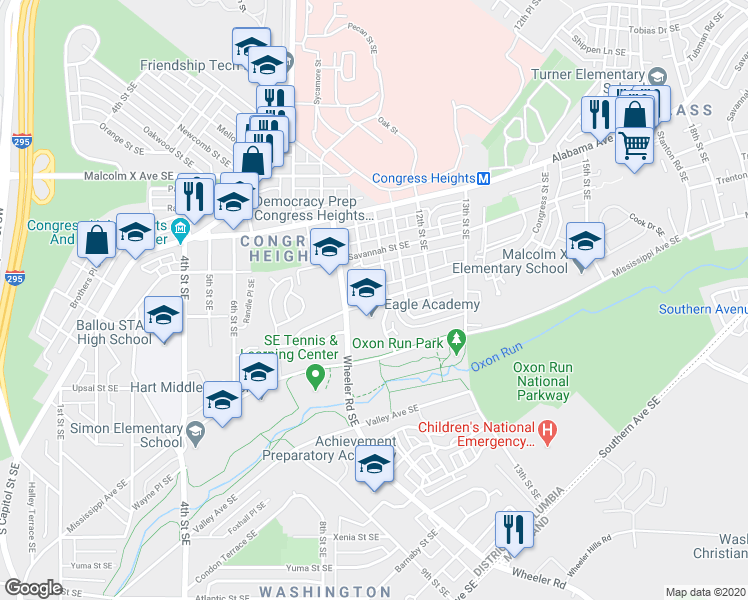 map of restaurants, bars, coffee shops, grocery stores, and more near 3324 Wheeler Road Southeast in Washington