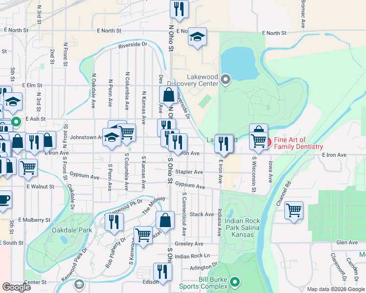 map of restaurants, bars, coffee shops, grocery stores, and more near 109 North Connecticut Avenue in Salina