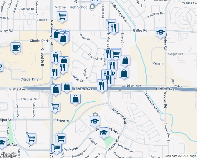 map of restaurants, bars, coffee shops, grocery stores, and more near 707 Bridger Drive in Colorado Springs