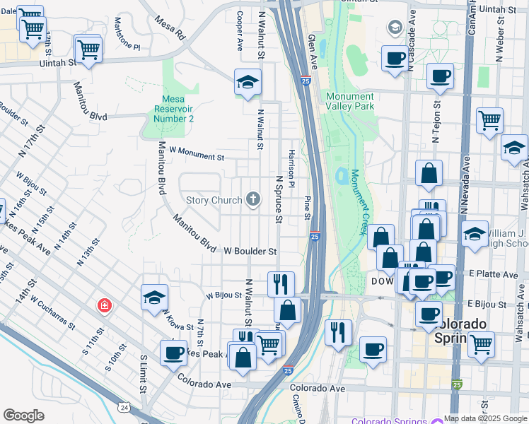 map of restaurants, bars, coffee shops, grocery stores, and more near 418 West Saint Vrain Street in Colorado Springs