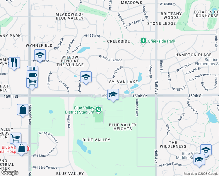 map of restaurants, bars, coffee shops, grocery stores, and more near 6028 West 158th Street in Overland Park