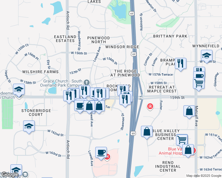map of restaurants, bars, coffee shops, grocery stores, and more near 7866 West 158th Court in Overland Park