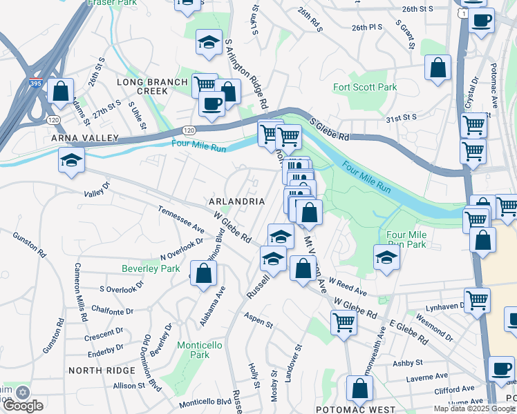 map of restaurants, bars, coffee shops, grocery stores, and more near 3826 Elbert Avenue in Alexandria