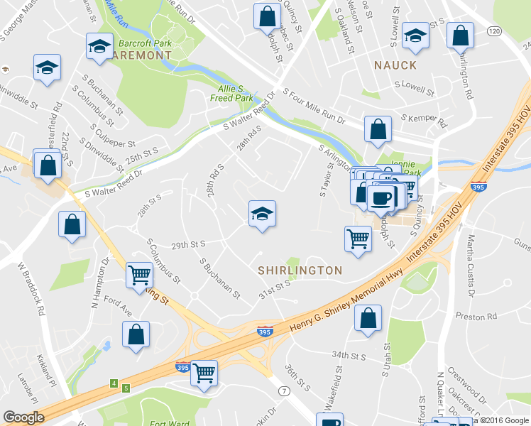 map of restaurants, bars, coffee shops, grocery stores, and more near 2929C South Woodstock Street in Arlington