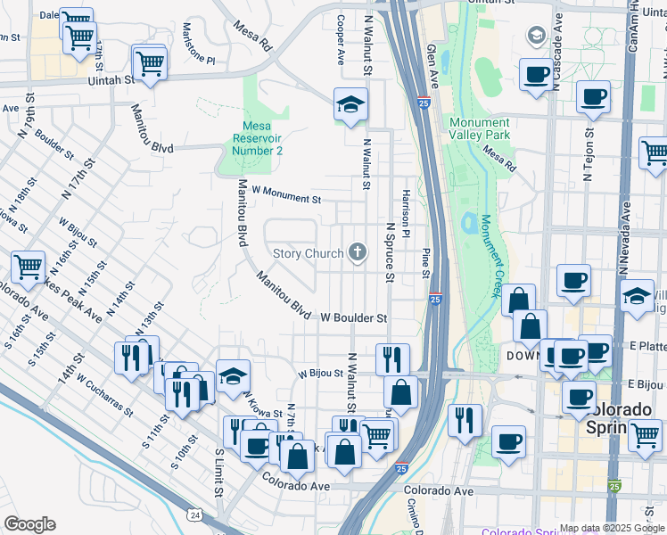 map of restaurants, bars, coffee shops, grocery stores, and more near 534 West Saint Vrain Street in Colorado Springs