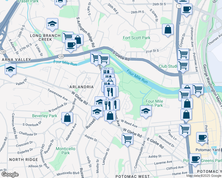 map of restaurants, bars, coffee shops, grocery stores, and more near 3829 Mount Vernon Avenue in Alexandria