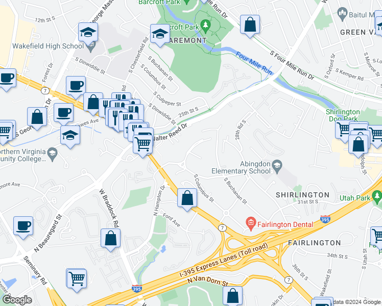 map of restaurants, bars, coffee shops, grocery stores, and more near 4844 28th Street South in Arlington