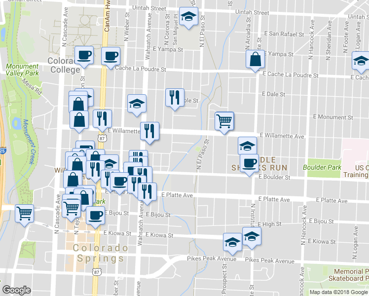 map of restaurants, bars, coffee shops, grocery stores, and more near 624 East Saint Vrain Street in Colorado Springs