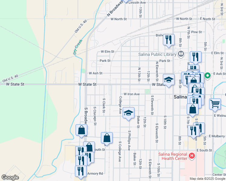map of restaurants, bars, coffee shops, grocery stores, and more near 108 North West Place in Salina