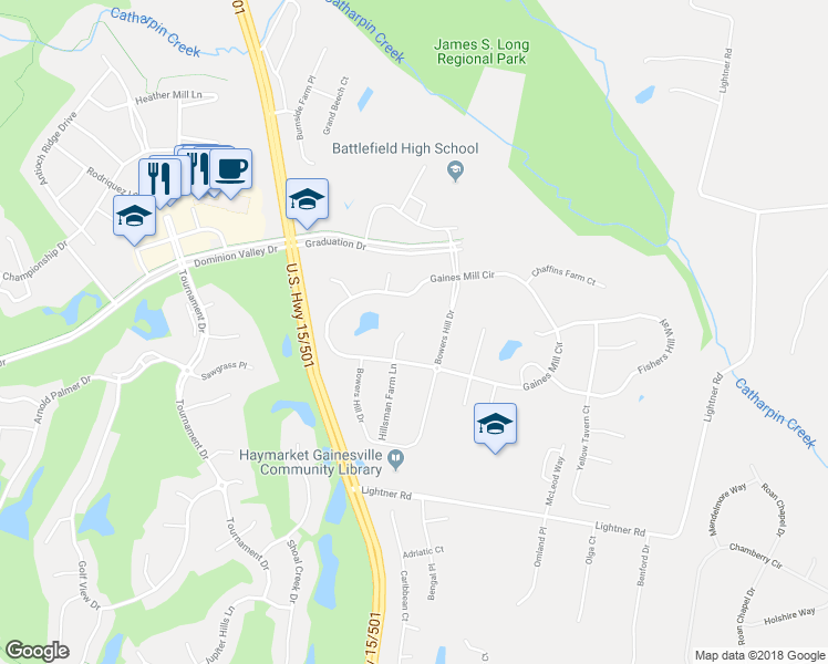 map of restaurants, bars, coffee shops, grocery stores, and more near 5405 Dabneys Mill Court in Haymarket