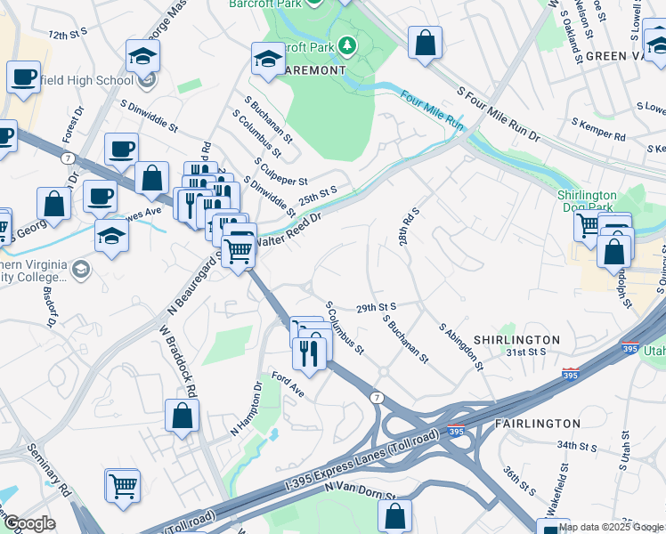map of restaurants, bars, coffee shops, grocery stores, and more near 4844 28th Street South in Arlington