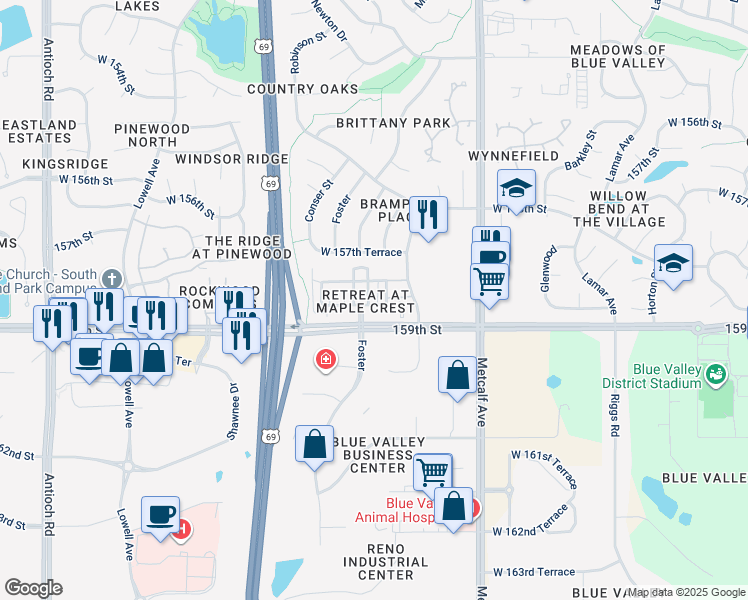 map of restaurants, bars, coffee shops, grocery stores, and more near 15833 Foster in Overland Park