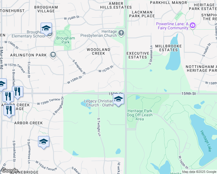 map of restaurants, bars, coffee shops, grocery stores, and more near 15872 South Roth Court in Olathe