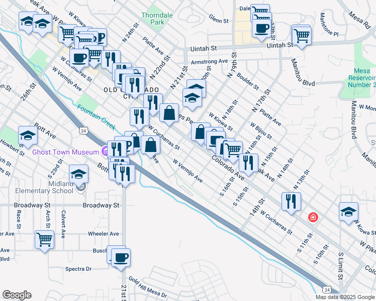 map of restaurants, bars, coffee shops, grocery stores, and more near 1723 West Colorado Avenue in Colorado Springs