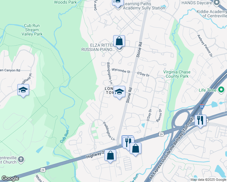 map of restaurants, bars, coffee shops, grocery stores, and more near 14741 Ealing Court in Centreville