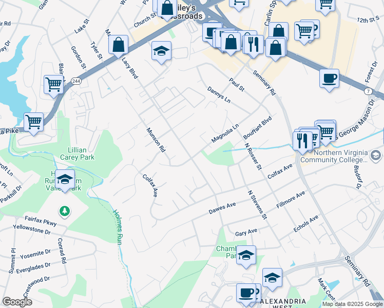 map of restaurants, bars, coffee shops, grocery stores, and more near 3817 Lacy Boulevard in Falls Church