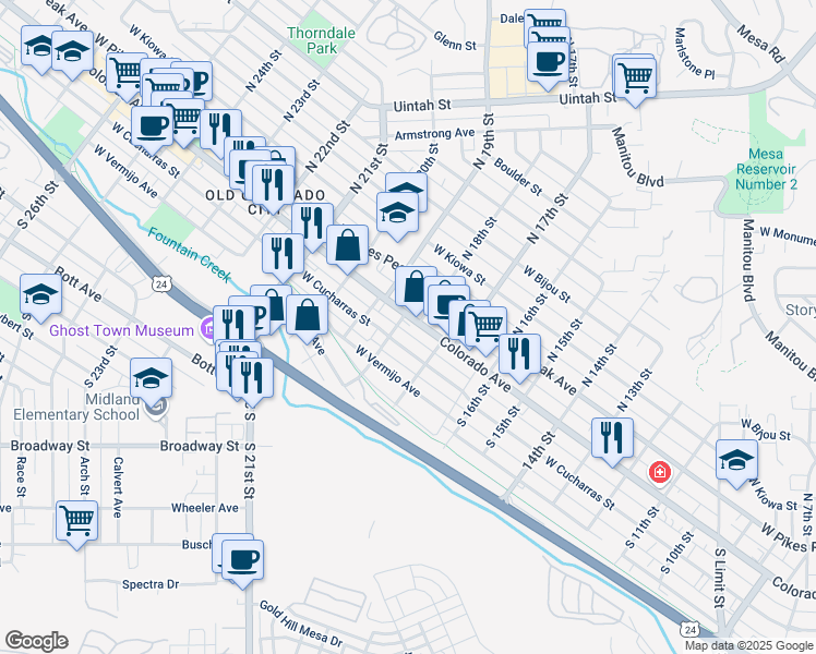 map of restaurants, bars, coffee shops, grocery stores, and more near 1723 West Colorado Avenue in Colorado Springs