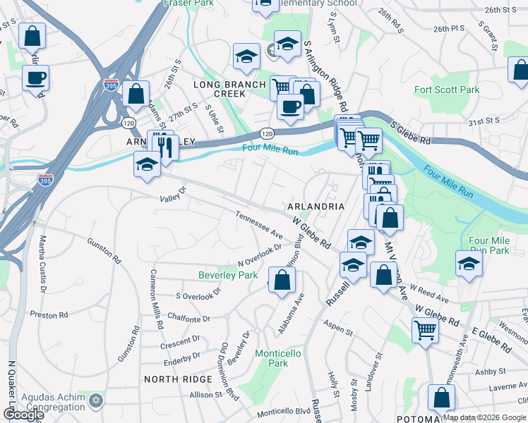 map of restaurants, bars, coffee shops, grocery stores, and more near 720 West Glebe Road in Alexandria