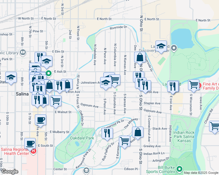 map of restaurants, bars, coffee shops, grocery stores, and more near 811 East Iron Avenue in Salina