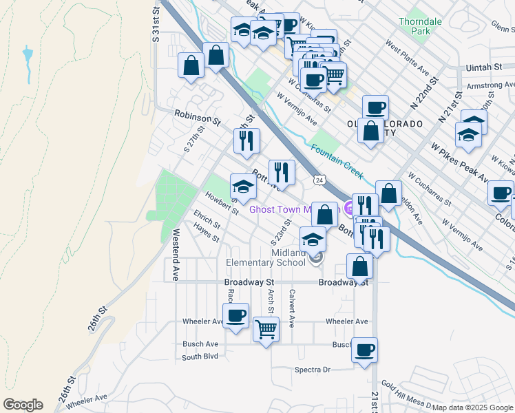 map of restaurants, bars, coffee shops, grocery stores, and more near 804 South 24th Street in Colorado Springs