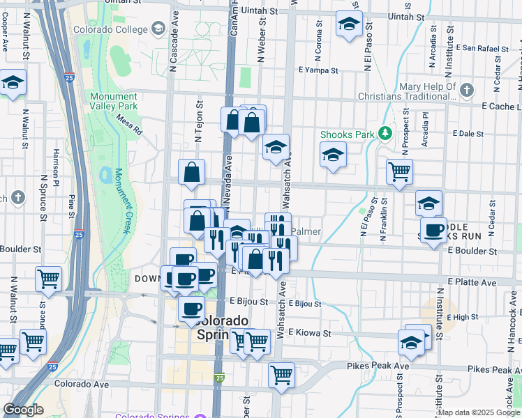 map of restaurants, bars, coffee shops, grocery stores, and more near 318 East Saint Vrain Street in Colorado Springs