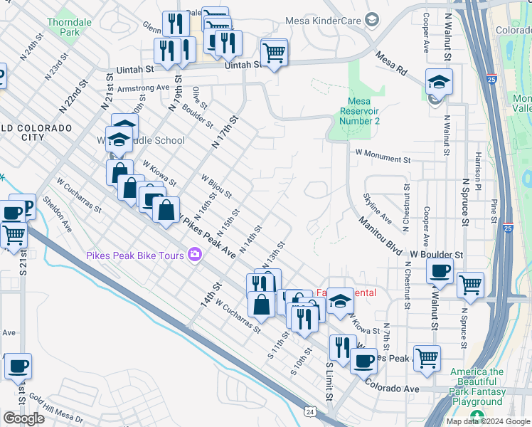 map of restaurants, bars, coffee shops, grocery stores, and more near 205 North 14th Street in Colorado Springs