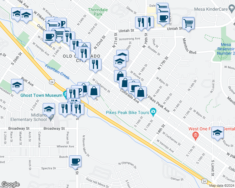 map of restaurants, bars, coffee shops, grocery stores, and more near 1723 West Colorado Avenue in Colorado Springs