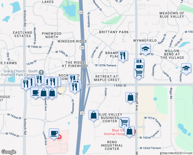 map of restaurants, bars, coffee shops, grocery stores, and more near 7646 West 158th Terrace in Overland Park